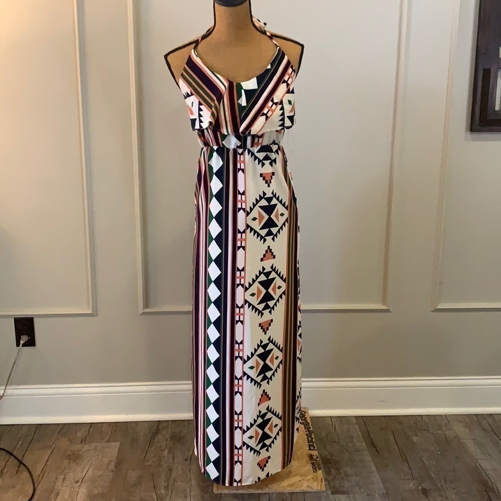 Namu Aztec Print Maxi Dress Small Halter Summer Dress NWT Side Slit